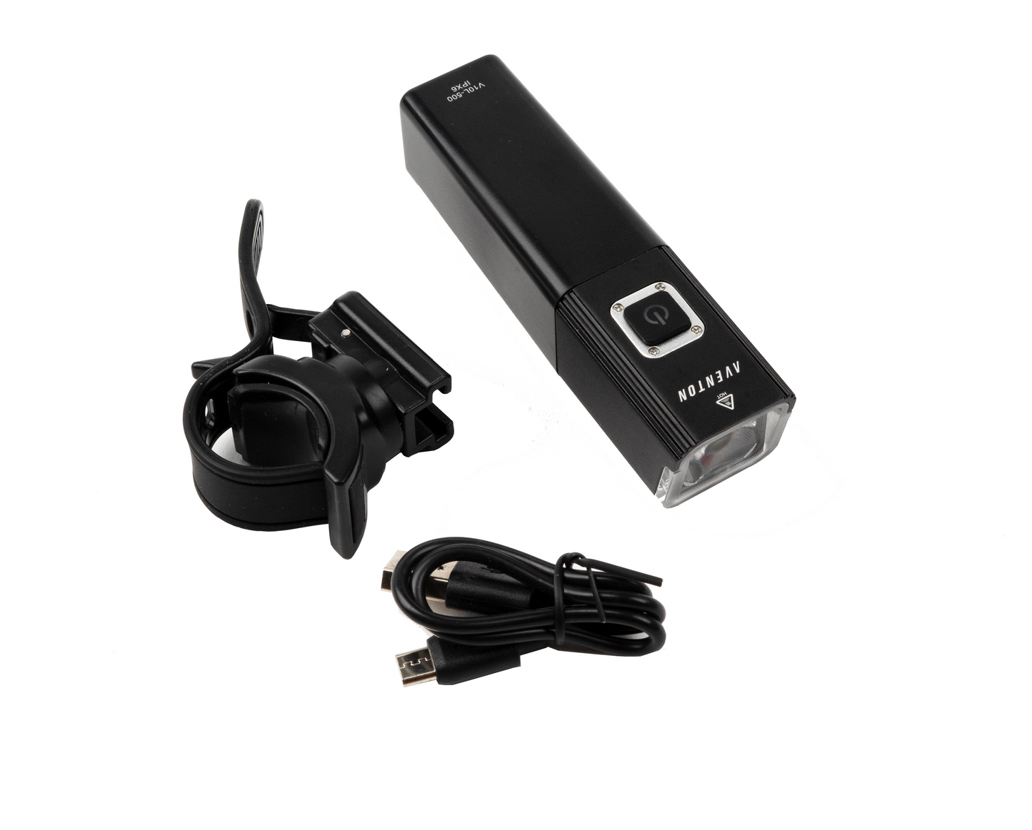 The Aventon Headlight V10-500 is a sleek USB rechargeable bike light in black, complete with a mounting bracket for excellent visibility and easy compatibility on any bike.