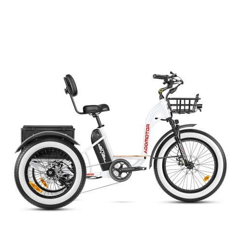 The Addmotor GRANDTAN II M-340 eTrike features a white frame with a black seat, a front basket, and a rear storage compartment. The brand name "Addmotor" is clearly visible on the frame. This trike is equipped with fat tires, a Samsung Cell Battery, and boasts a powerful 750W Rear Motor to enhance performance.