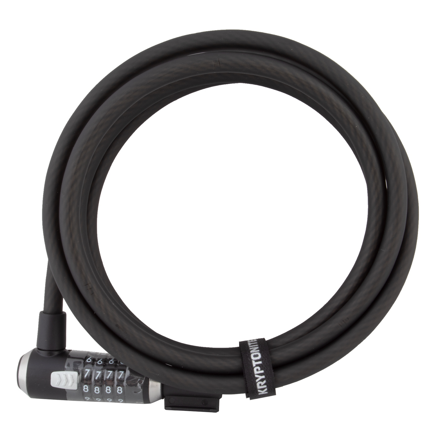 A flexible braided steel cable with a Kryptonite KryptoFlex 1218 - Combo Cable lock attached to it, offering an extra long length.