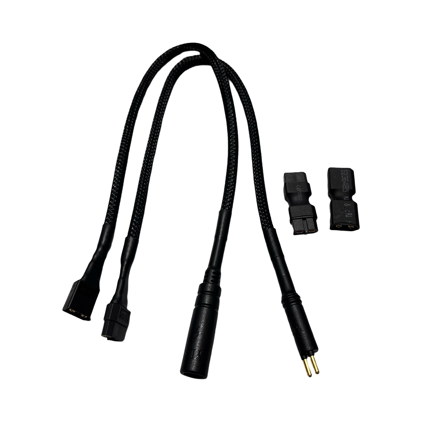 The ElectricAllWheel YLS-M/F to XT60 M/F cables with XT60 Adapters features a black braided splitter with XT60 male and female connectors on one end, an XT60 female on the other, plus two plastic adapters, all shown on a white background.