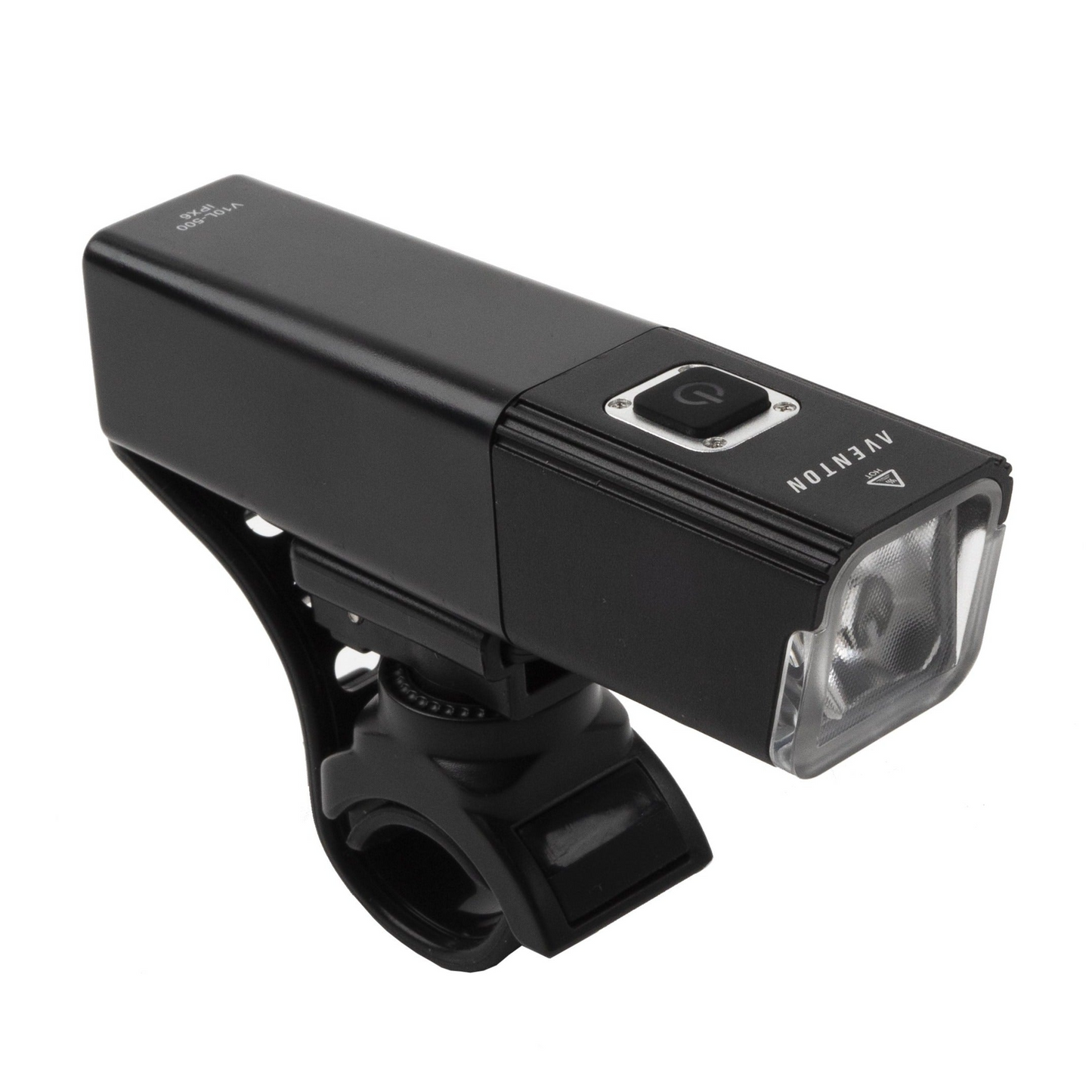The Aventon V10-500 Headlight features a sleek black rectangular design with a top power button. It's USB rechargeable and comes with a convenient mounting bracket for easy compatibility, ensuring your ride is always well-lit.