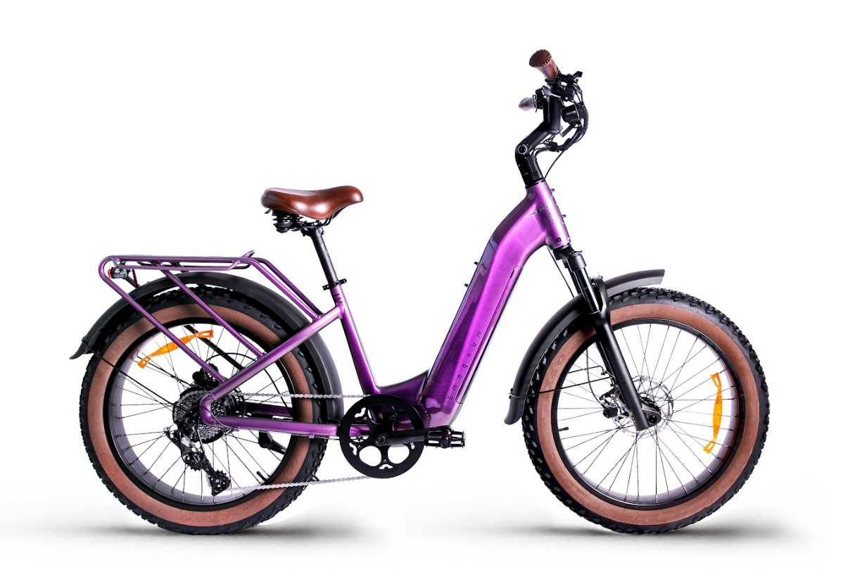 The Magnum - Bliss by Tampa Bay eBikes is a purple step-through electric bike with a 500W motor, brown seat and tires, rear cargo rack, and front/rear fenders, shown in profile on a white background.