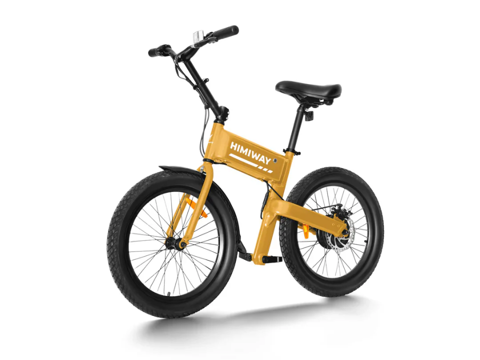 The Himiway Pony, a yellow mini e-bike with thick tires, upright handlebars, black saddle, and a robust 300W motor, is shown on a white background—ideal for urban commuting.