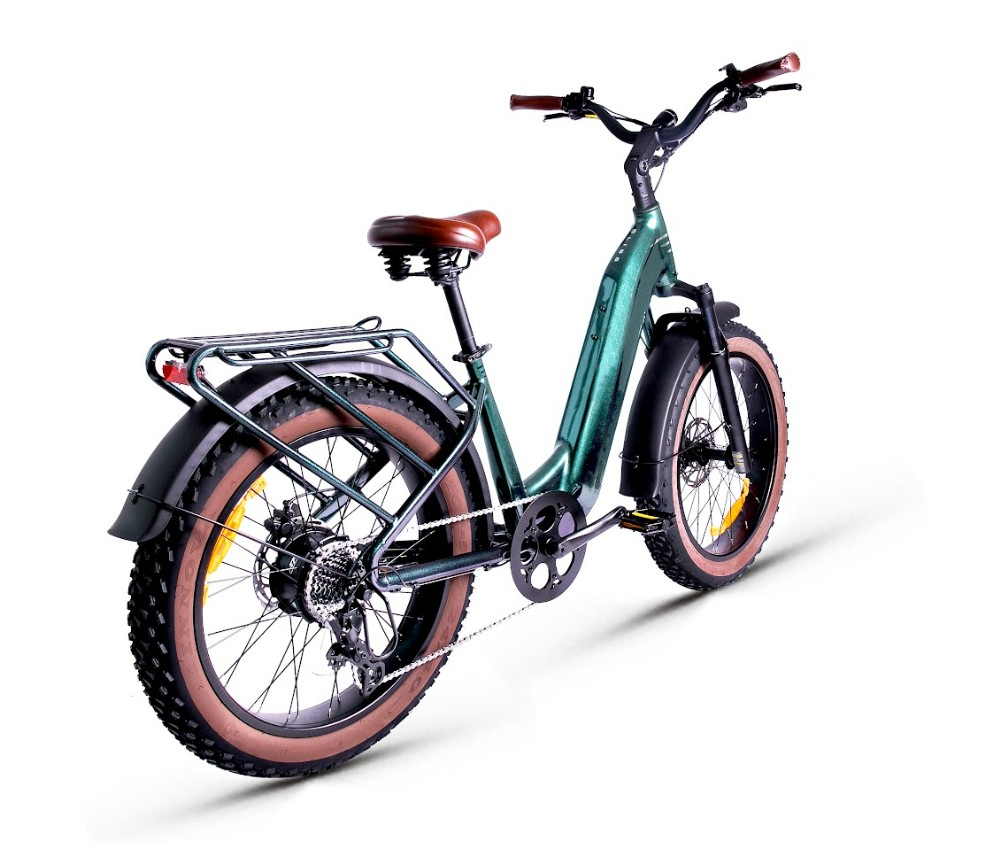 The Magnum - Bliss by Tampa Bay eBikes is a green electric fat-tire bike with a 500W motor, brown seat and grips, rear cargo rack, and fenders, pictured from the rear side against a white background.