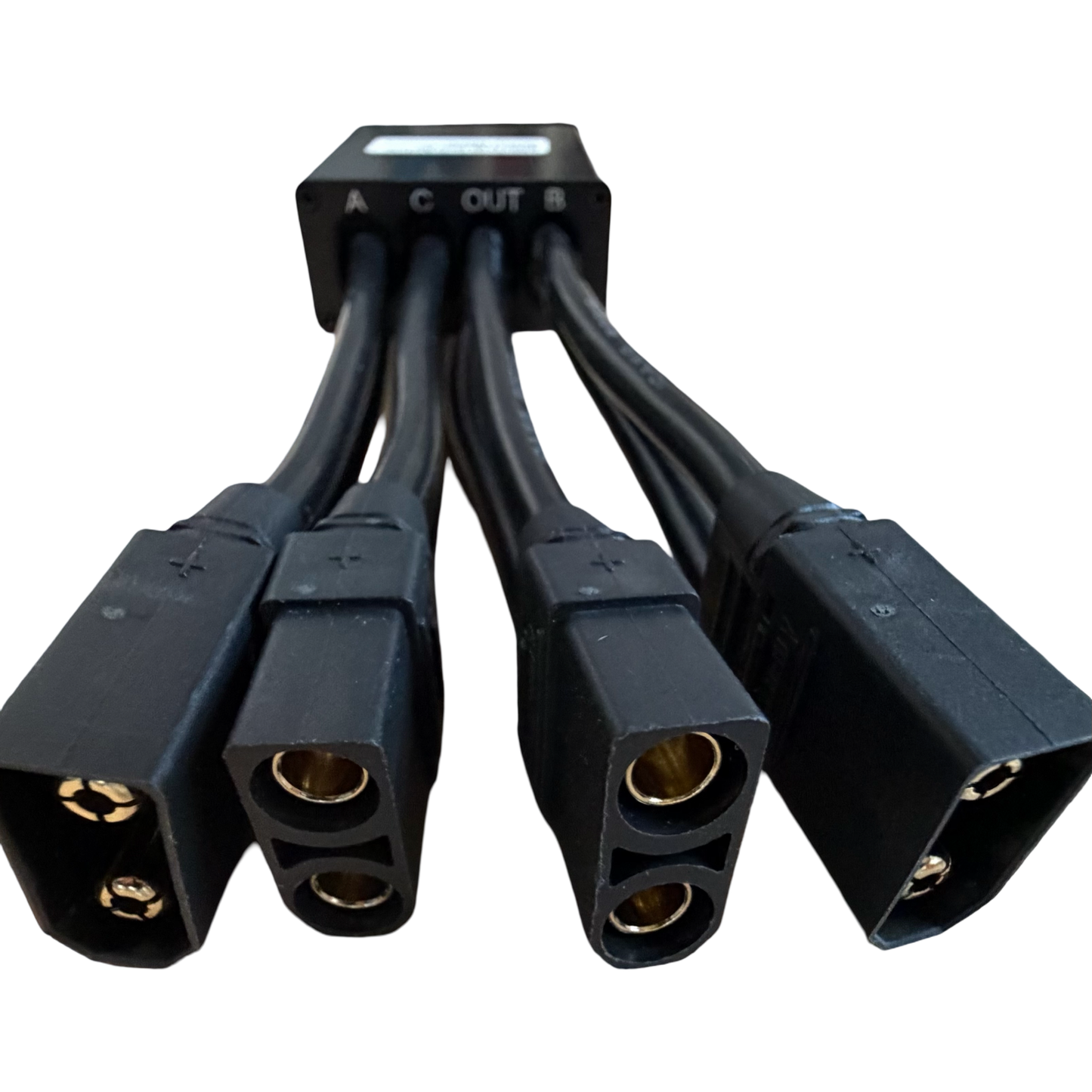 Close-up of the ElectricAllWheel Dual Output Dual Battery Discharge Balancer DBB72100 (10-100V, 100A×2 MAX), featuring four thick cables labeled A, B, C, and OUT with black connector plugs.