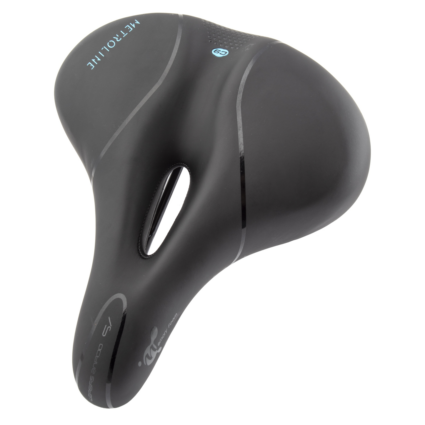 Close-up view of a black uni-sex cruiser saddle, with ergonomic contours and a central cut-out for extended comfort. The product name "CLOUD-9 Support Metroline Airflow" and the brand name "CLOUD-9" are visible on the top surface.