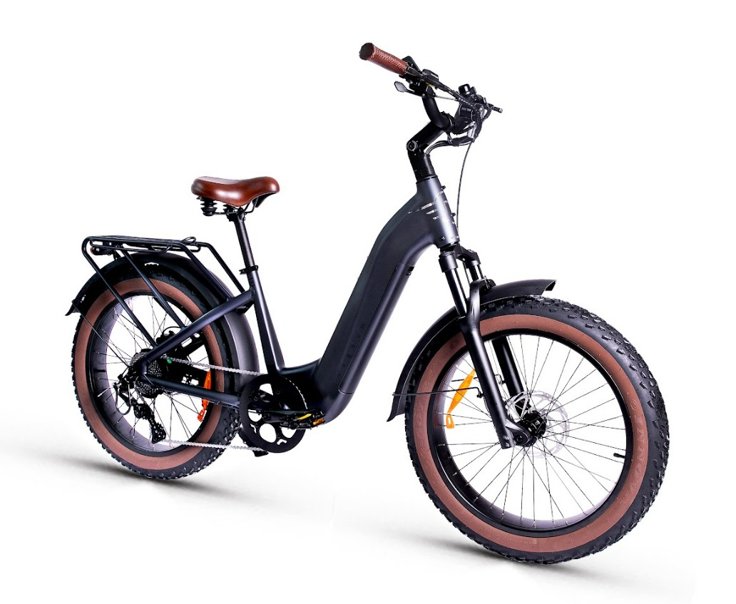 The Magnum - Bliss by Tampa Bay eBikes is a black step-through e-bike with a powerful motor, brown tires and seat, front suspension fork, rear cargo rack, and upright handlebars, shown on a white background.