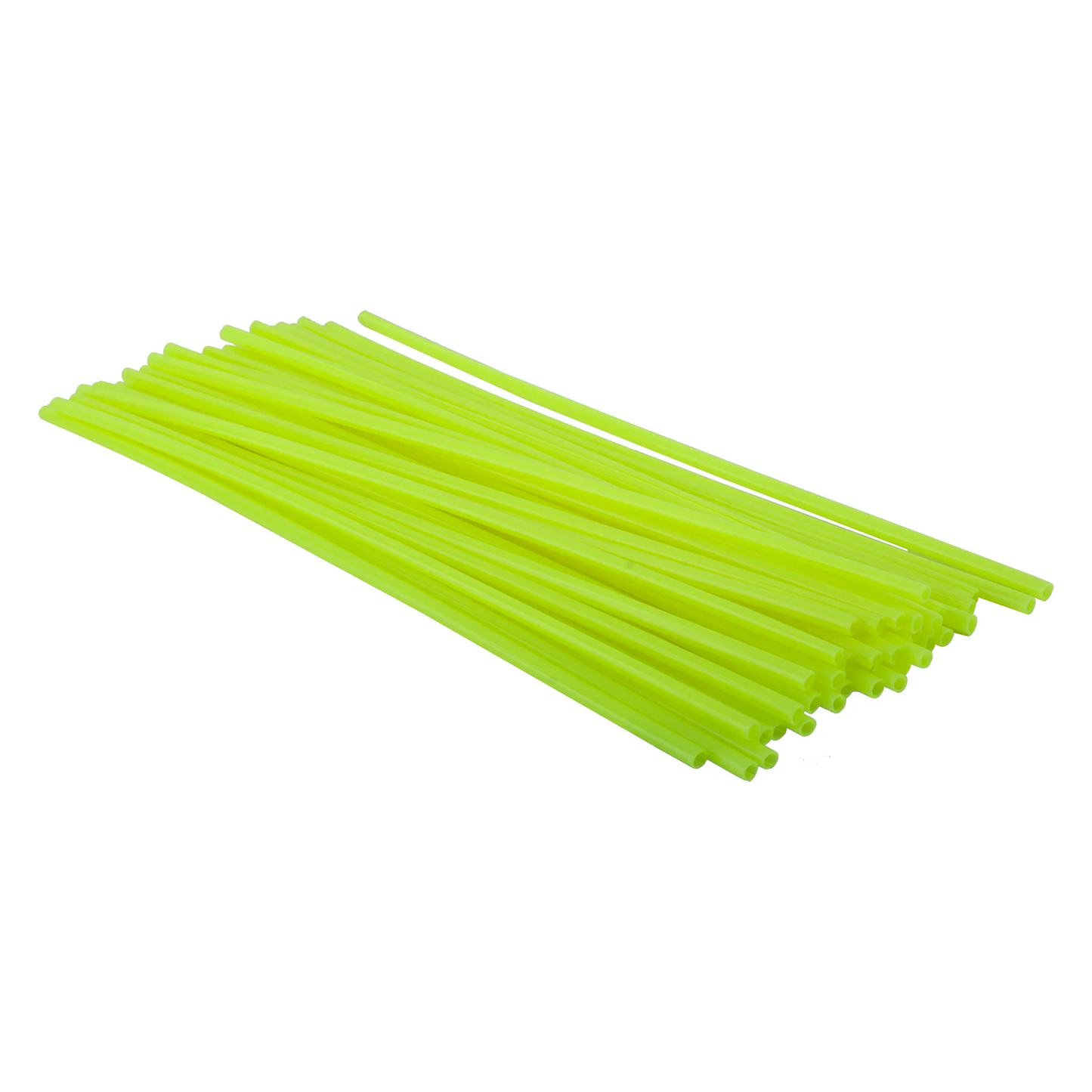 A pile of yellow-green Black Ops Spoke Covers, each 300mm long, from the brand Black Ops, scattered in a stack on a white background.