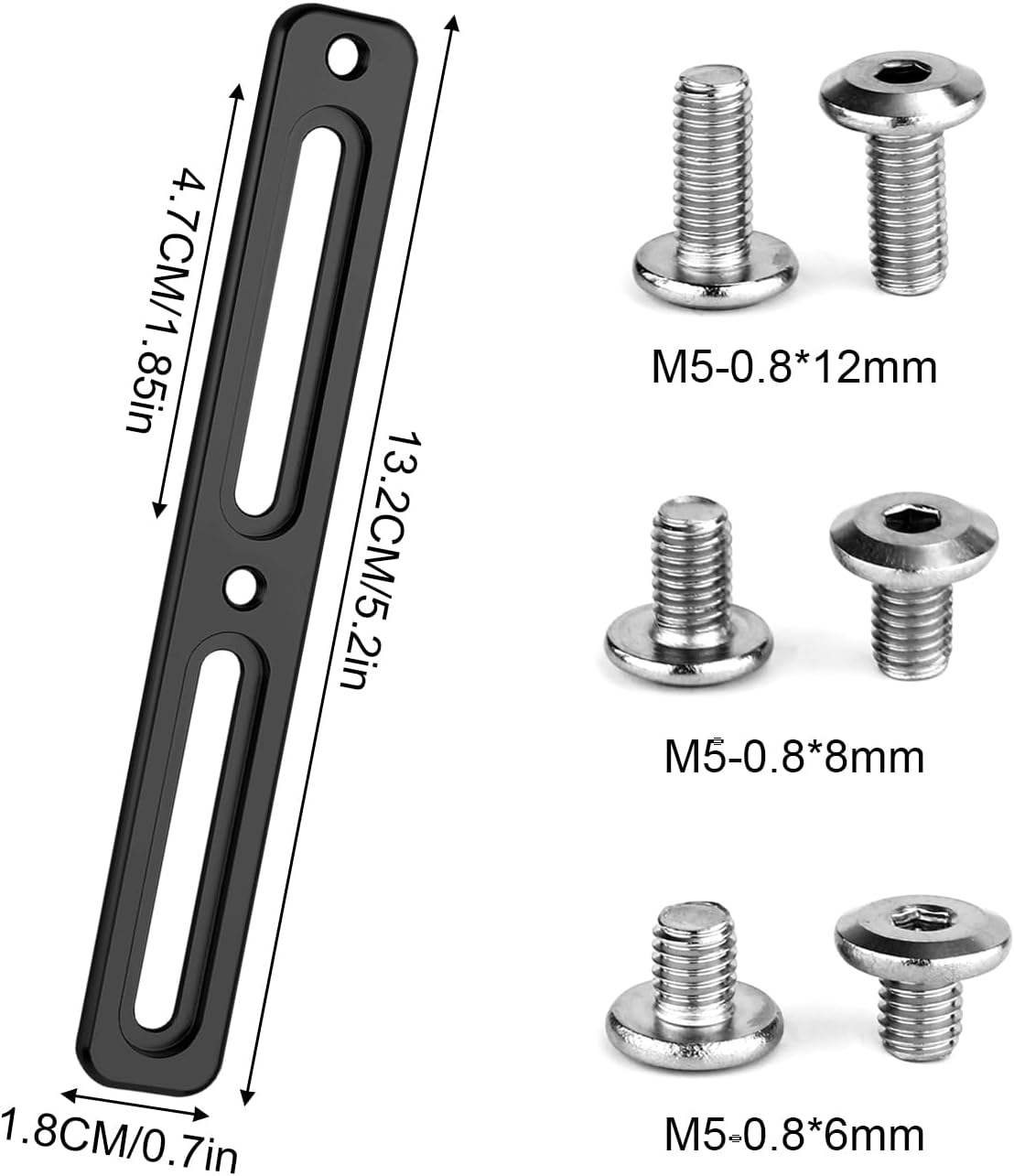 Image of a black metal bracket with screw holes and slots. The aluminum alloy construction includes three screws and one bolt with dimensions M5-0.8x12mm, M5-0.8x8mm, and M5-0.8x6mm shown next to the bracket. Ideal as an adjustable position Tampa Bay eBikes Bottle Cage Adapter.