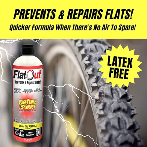 The Multi Seal FlatOut - QuickStrike Small Tire sealant, positioned next to a bicycle tire, highlights its "Prevents & Repairs Flats!" and "Latex Free" features. Ideal for tubeless setups, its formula is enhanced with Kevlar fibers for superior performance.