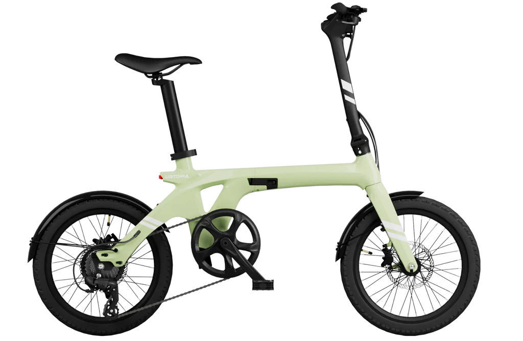 The Urtopia Carbon Fold 1 by Urtopia is a compact, light green folding eBike featuring black accents, single gear, thin tires, and a minimalist carbon fiber frame.