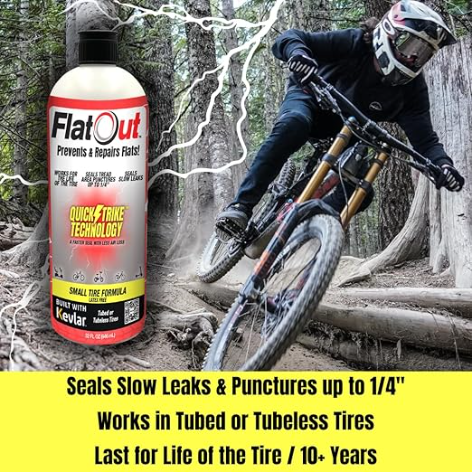 A promotional image for FlatOut - QuickStrike Small Tire by Multi Seal features a cyclist on a forest trail, highlighting its remarkable leak prevention qualities, Kevlar fibers, and tubeless application compatibility for enduring performance.