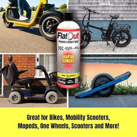 Collage featuring personal mobility devices like a bike, scooter, mobility scooter, and one-wheel centered around a can of Multi Seal's FlatOut - QuickStrike Small Tire. Text underneath highlights its use for tubeless applications.