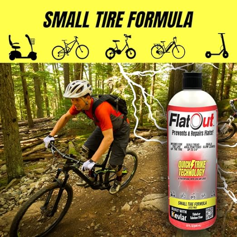 A man is mountain biking through a forest, passing a can of QuickStrike Small Tire by Multi Seal. The label highlights its flat prevention and repair features.