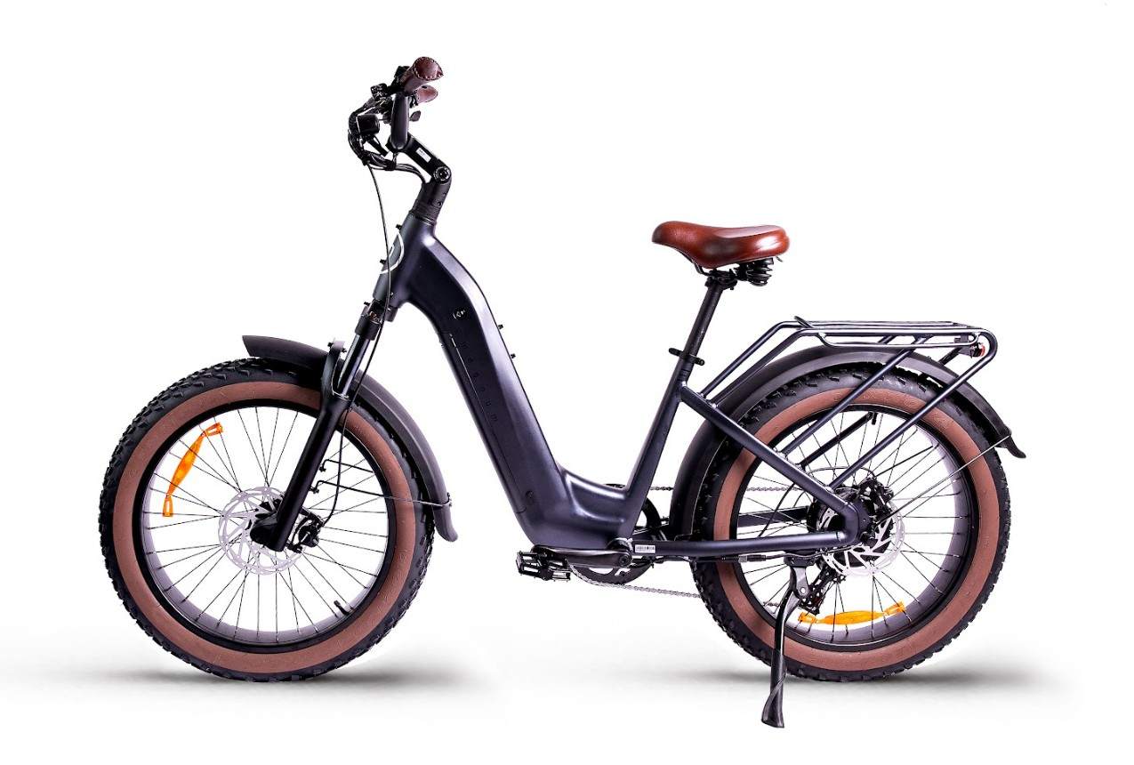 The Magnum - Bliss by Tampa Bay eBikes is a black electric bike with a powerful motor, brown seat and tires, wide handlebars, and rear cargo rack, shown on a white background.