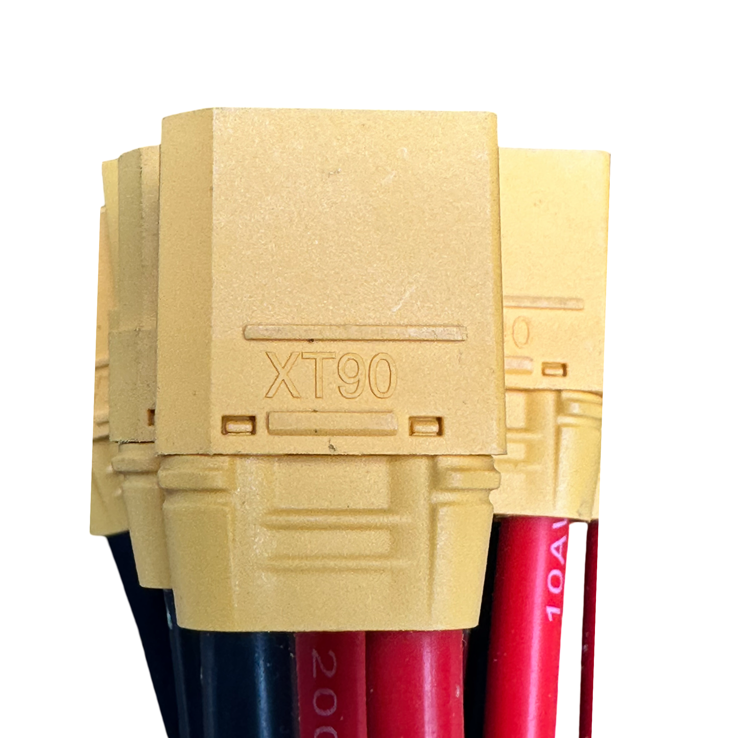 Close-up of yellow XT90 connectors on red and black wires from the ElectricAllWheel DateX2 Dx4 60A (90A Max) Universal Four Battery Input Four Output Discharge Balancer, set against a white background.