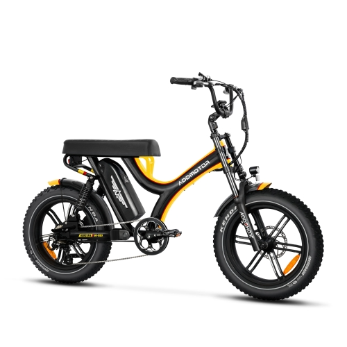 Addmotor - Herotan M65X electric bicycle with a black and yellow color scheme, featuring fat tires and a step-through frame design, upgraded to a full suspension electric bike for enhanced comfort.