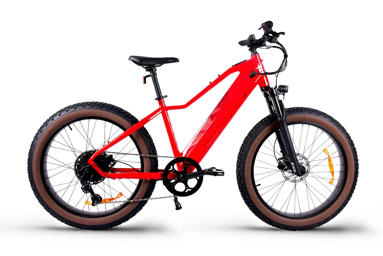The Magnum - Edge by Tampa Bay eBikes is a red fat-tire eBike with black handlebars, a central 48V battery, and a 750W motor, shown in profile against a white background.