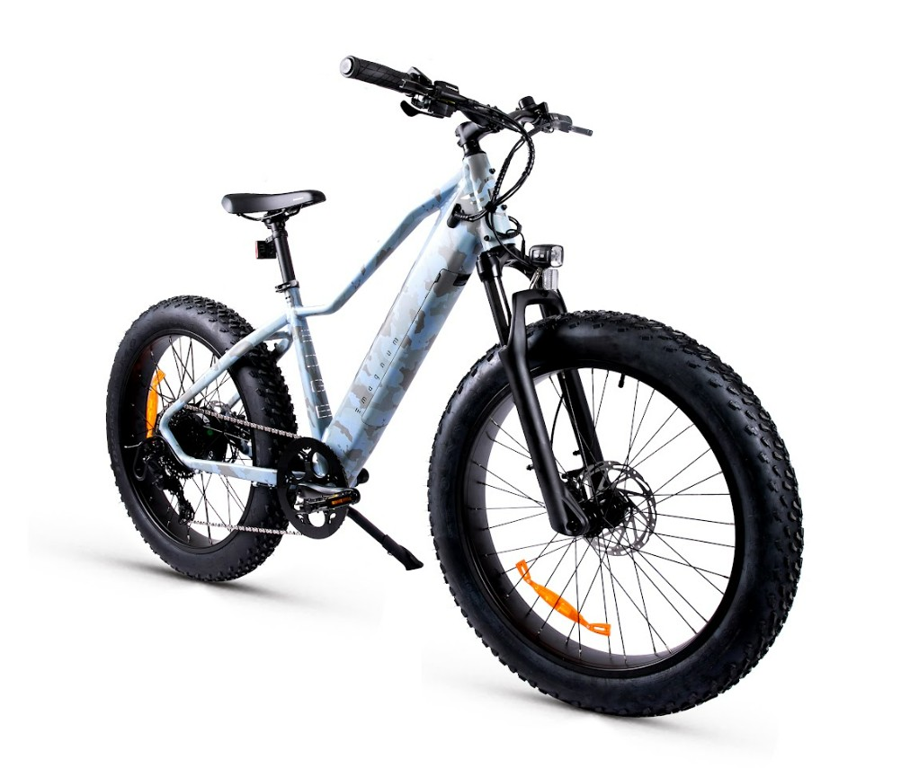 The Magnum - Edge by Tampa Bay eBikes is a fat-tire mountain eBike with a lightweight frame, front suspension fork, disc brakes, wide knobby tires, and a powerful 750W motor, shown against a white background.