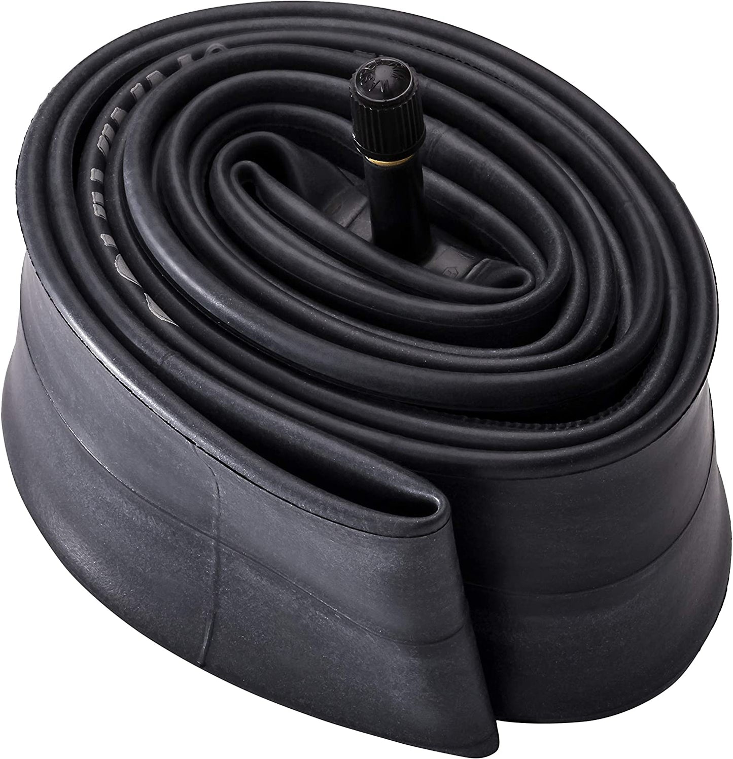 The Tube - 26 x 4 by Tube is a coiled black rubber bicycle inner tube featuring a central metal valve stem.
