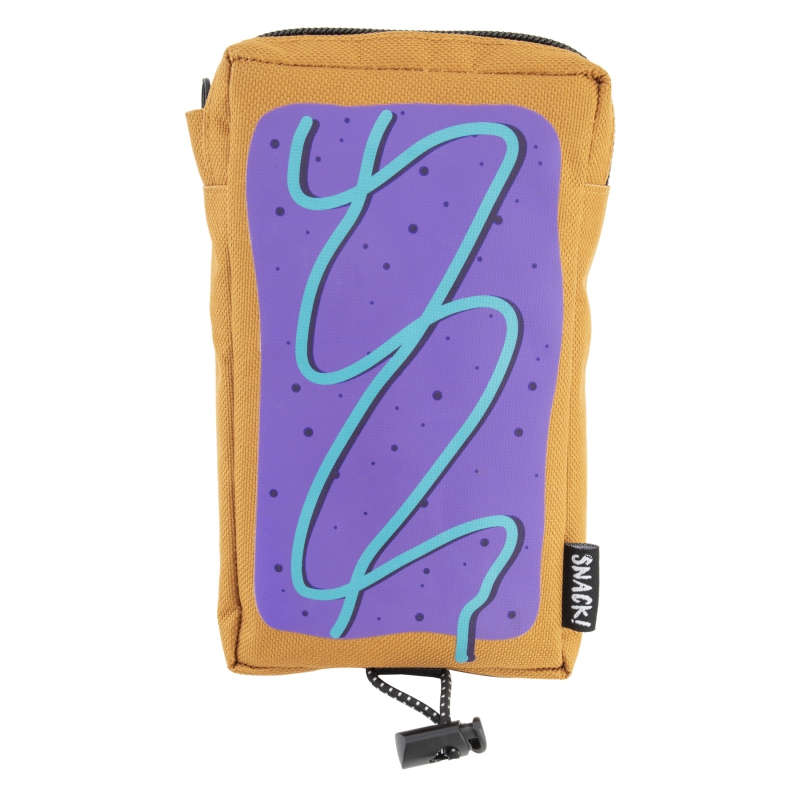 The Snack "Bag - Pop Tart" is a brown zippered pouch featuring a purple abstract design with teal lines and black dots. It includes a black pull cord, a small "SNARK" label, and showcases a stylish zipper garage for extra functionality.