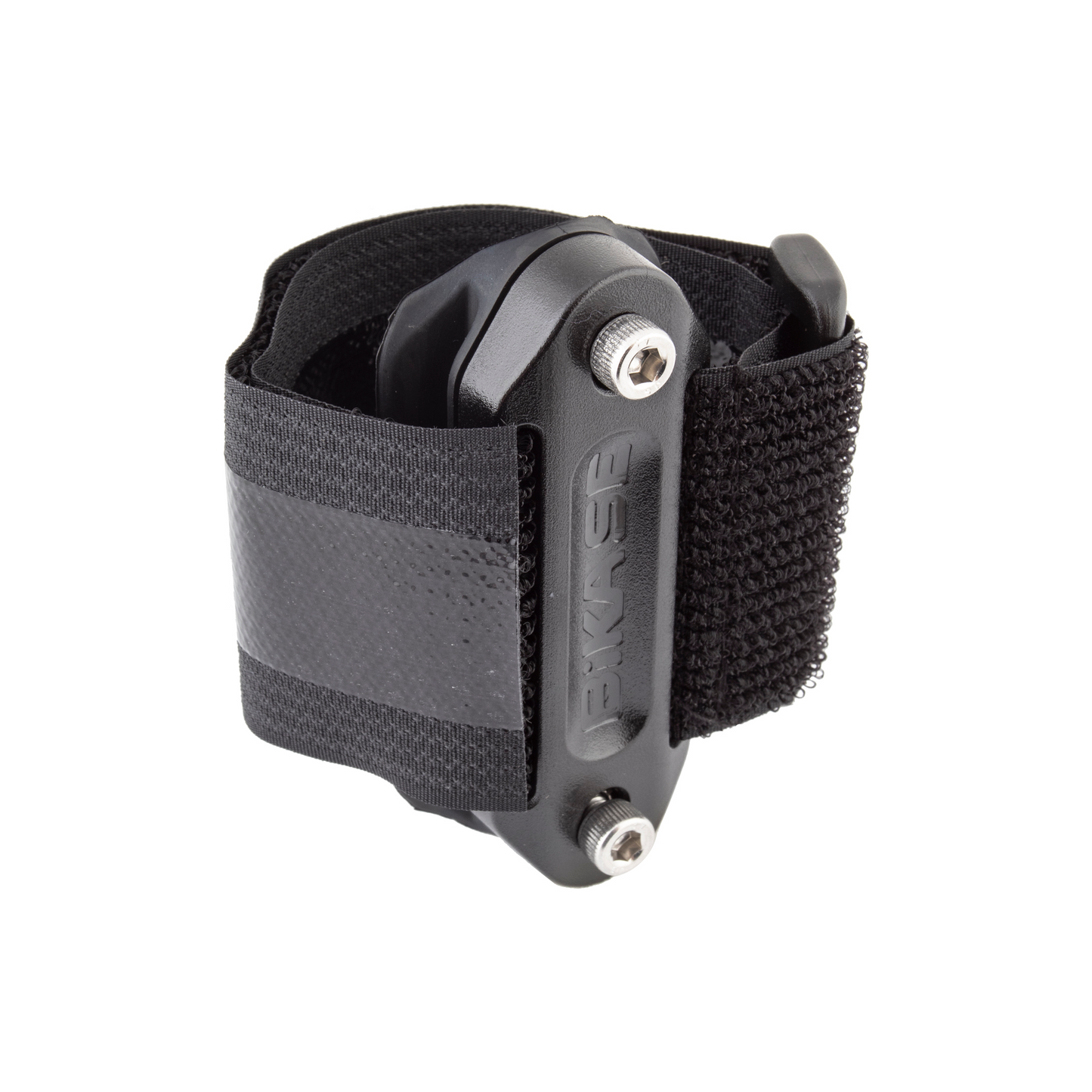The Bikase Drink Holder Velcro Adapter - BIKASE Anywhere is a universal fit armband in sleek black with velcro straps and metal screws, perfect for securely holding your device during eBike rides or any active lifestyle activities.