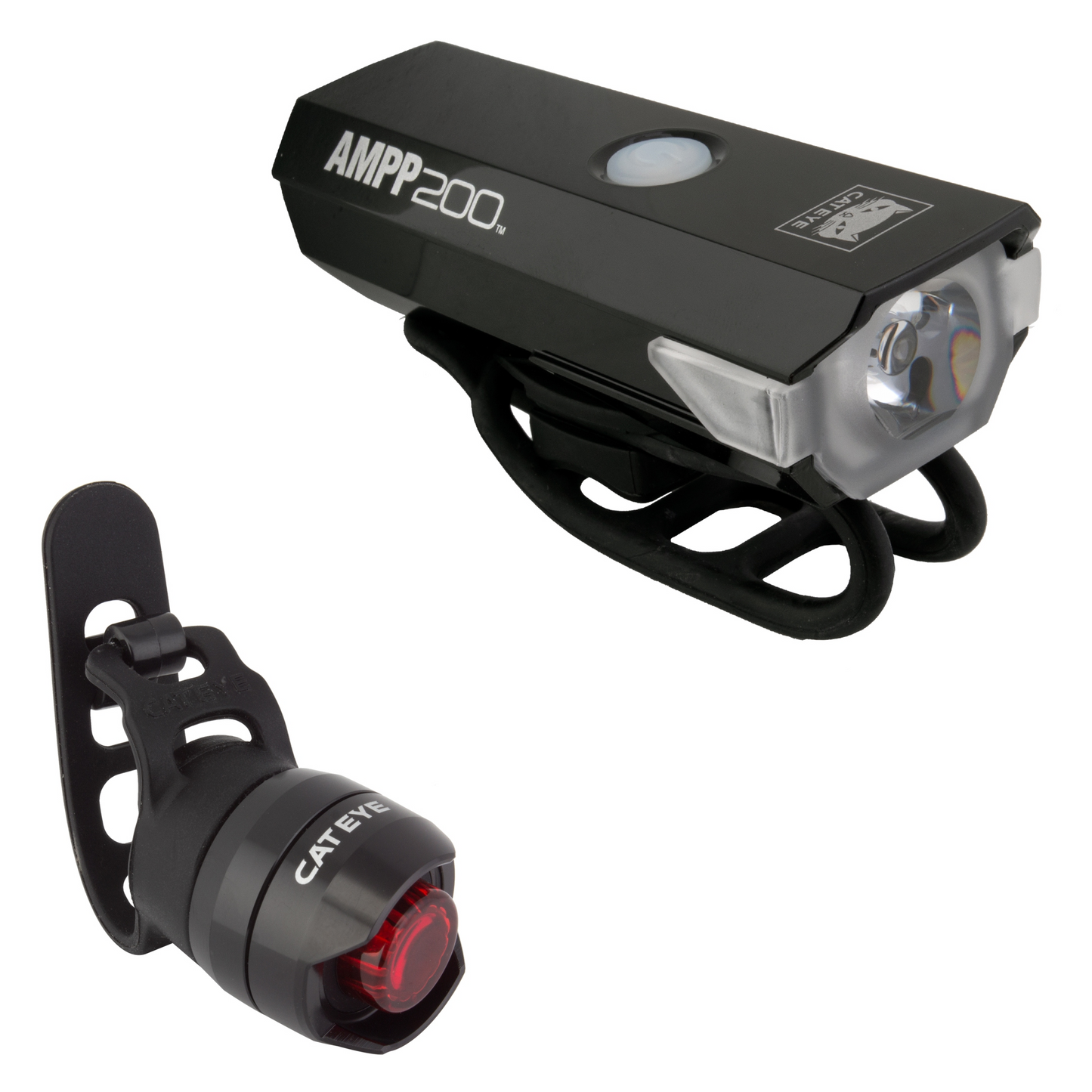 The Light Combo - 200 Cateye Headlight & Taillight set includes a front light featuring OptiCube lens technology with an "AMPP200" label and a circular rear light labeled "Cateye." Both are USB rechargeable and come with rubber straps for mounting.