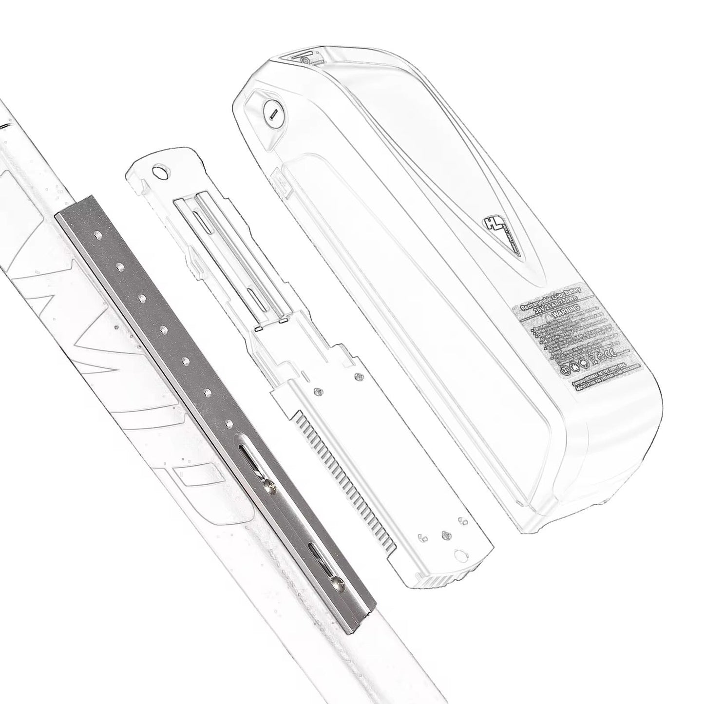 The ElectricAllWheel Universal E-Bike Battery Mount Adapter Rail (Slotted, 266mm) with battery pack and attachment hardware is disassembled and displayed on a white background.