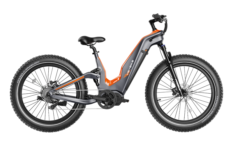 Orange and black HeyBike - Hero electric mountain bike positioned on a clear Tangerin background, featuring fat tires and a mid-frame battery.