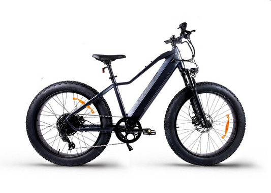 The Magnum - Edge by Tampa Bay eBikes is a black electric mountain bike with thick knobby fat tires, a 750W motor, and front suspension, shown in a side view against a white background.