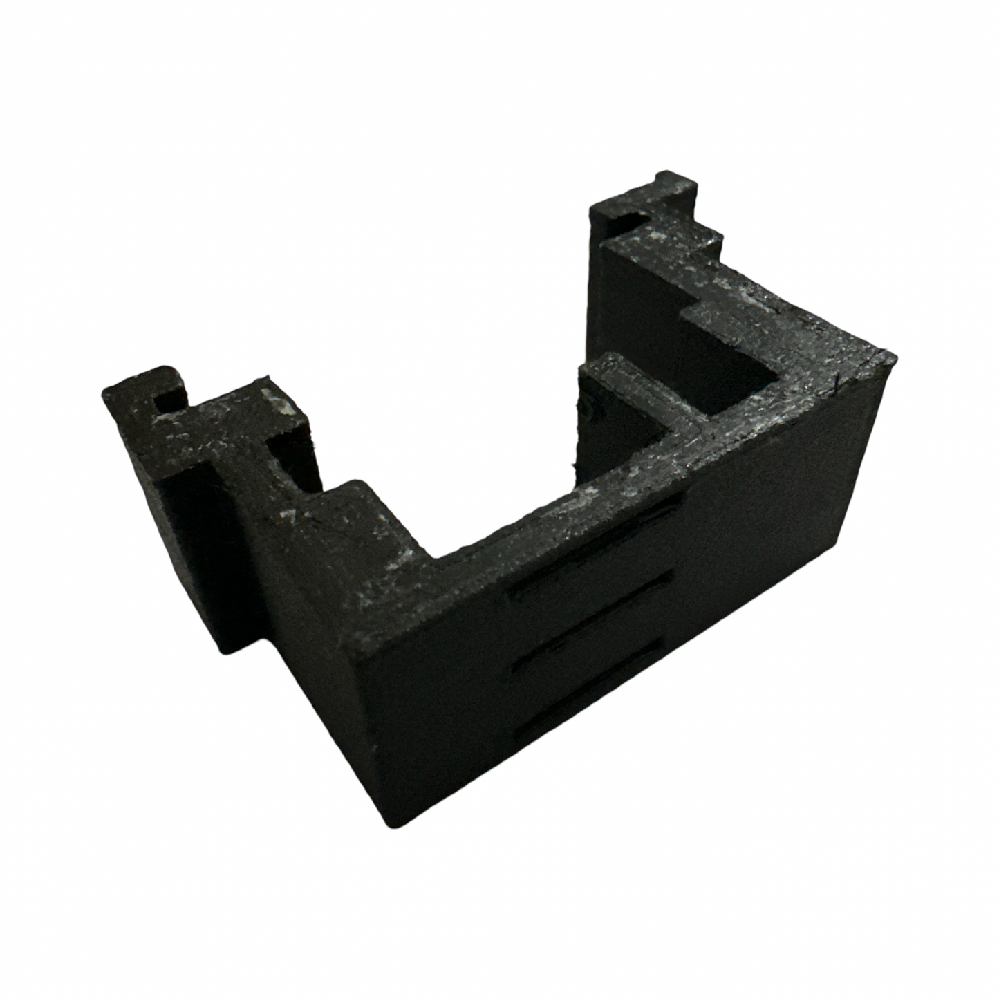 The ElectricAllWheel Factory External Battery XT60 Adapter (Lectric Fit 1.0, 2.0, 3.0, lite) is a black L-shaped plastic or metal bracket with notches and cutouts designed for e-bike battery connection, shown on a white background.