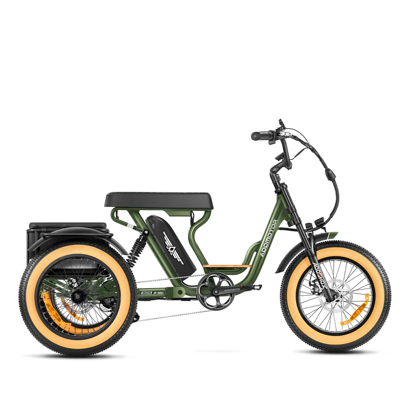 The Addmotor Soletri II M-366X is a green electric trike with fat tires, a black seat, rear cargo rack, 750W motor, and an under-seat battery.