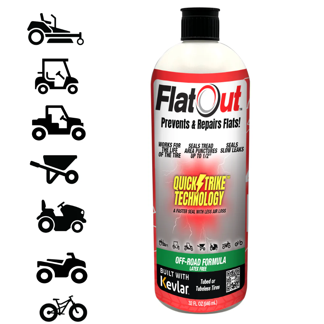 The Multi Seal FlatOut - QuickStrike Off-Road tire sealant, with "Quick Strike Technology," is adorned with icons of vehicles like tractors and bicycles. Its Kevlar-infused formula ensures durability and reliability for any ride.