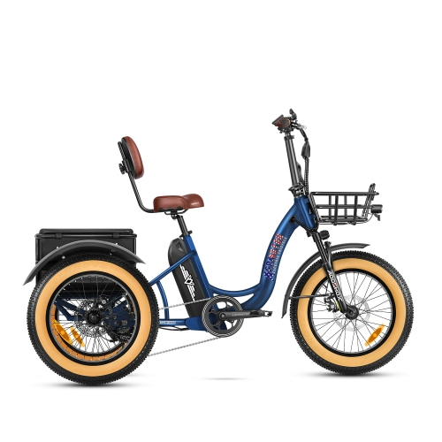 The Addmotor - Triketan M330 II is a blue electric tricycle equipped with an Addmotor 48V Motor, featuring a rear cargo box, front basket, and wide beige tires. It boasts 7 Level Pedal Assist along with a backrest on the seat and handlebars.