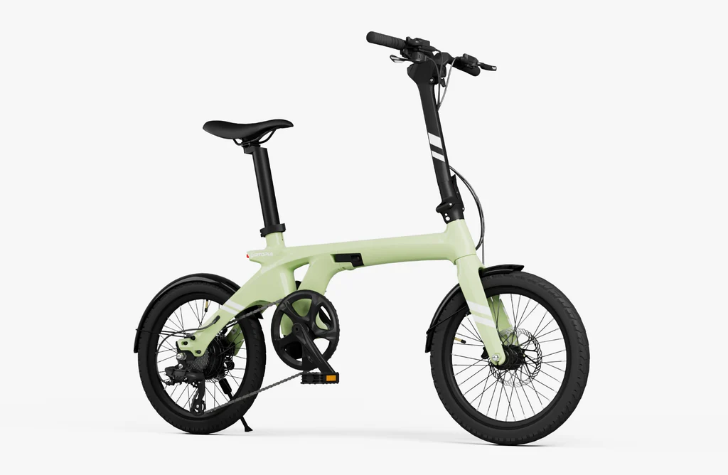 The Urtopia Carbon Fold 1 by Urtopia is a modern, foldable eBike featuring a lightweight carbon fiber frame, black seat, black handlebars, and small wheels, displayed on a plain white background.