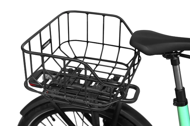 The HeyBike Rear Basket - Himiway is a black bike rear basket mounted on the rear rack of a bicycle, positioned behind the seat, shown against a white background.