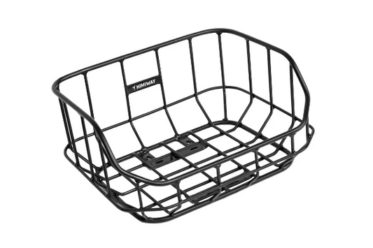 The HeyBike Rear Basket is a black metal wire cargo basket with a rectangular base and raised sides, designed for mounting on a bicycle.