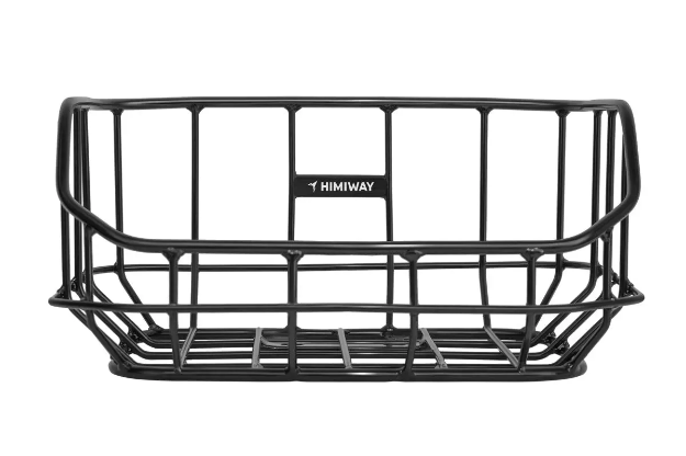 The HeyBike Rear Basket is a rectangular black metal wire bike basket with open top and sides, "Himiway" label on the front—ideal for grocery shopping and boosting your bike's cargo space.