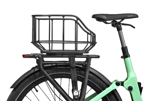 Side view of a bicycle with the HeyBike Rear Basket - Himiway, securely mounted on the rear rack above the back wheel, ideal for grocery shopping or carrying extra cargo.