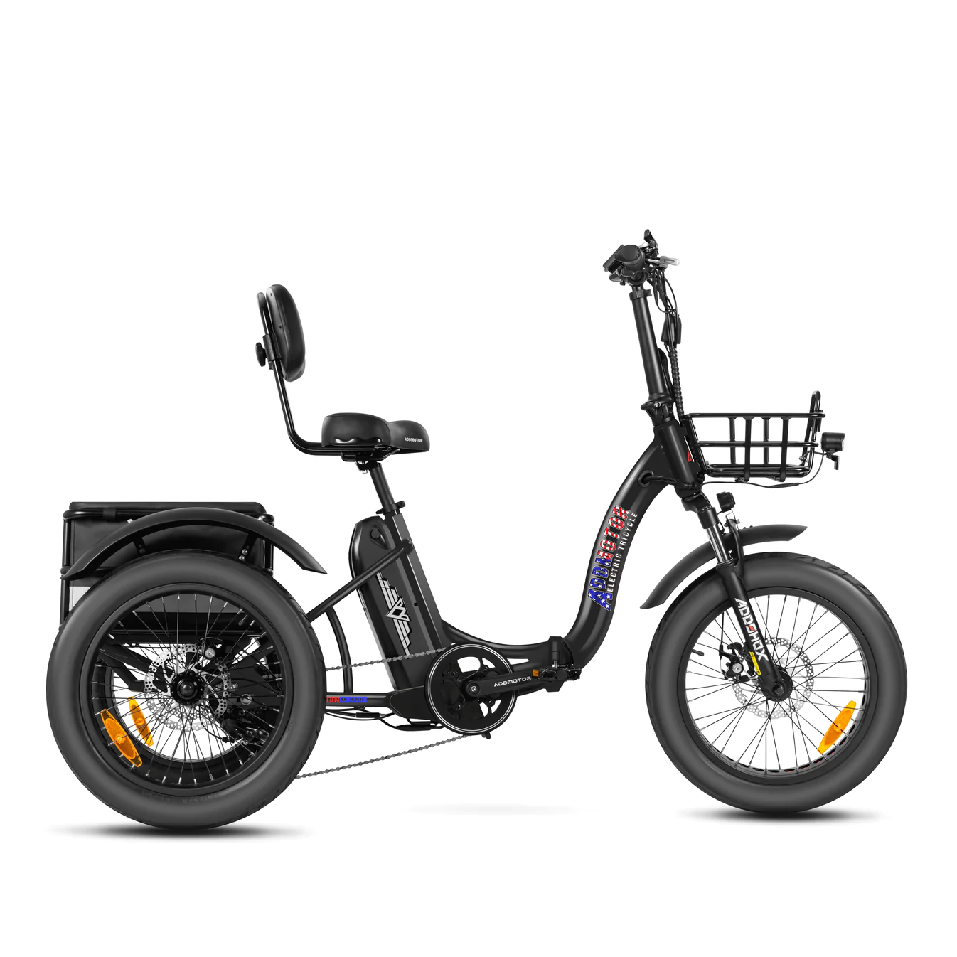 An Addmotor - Triketan M-330F Folding eTrike, with a basket on it, providing a convenient way to commute.