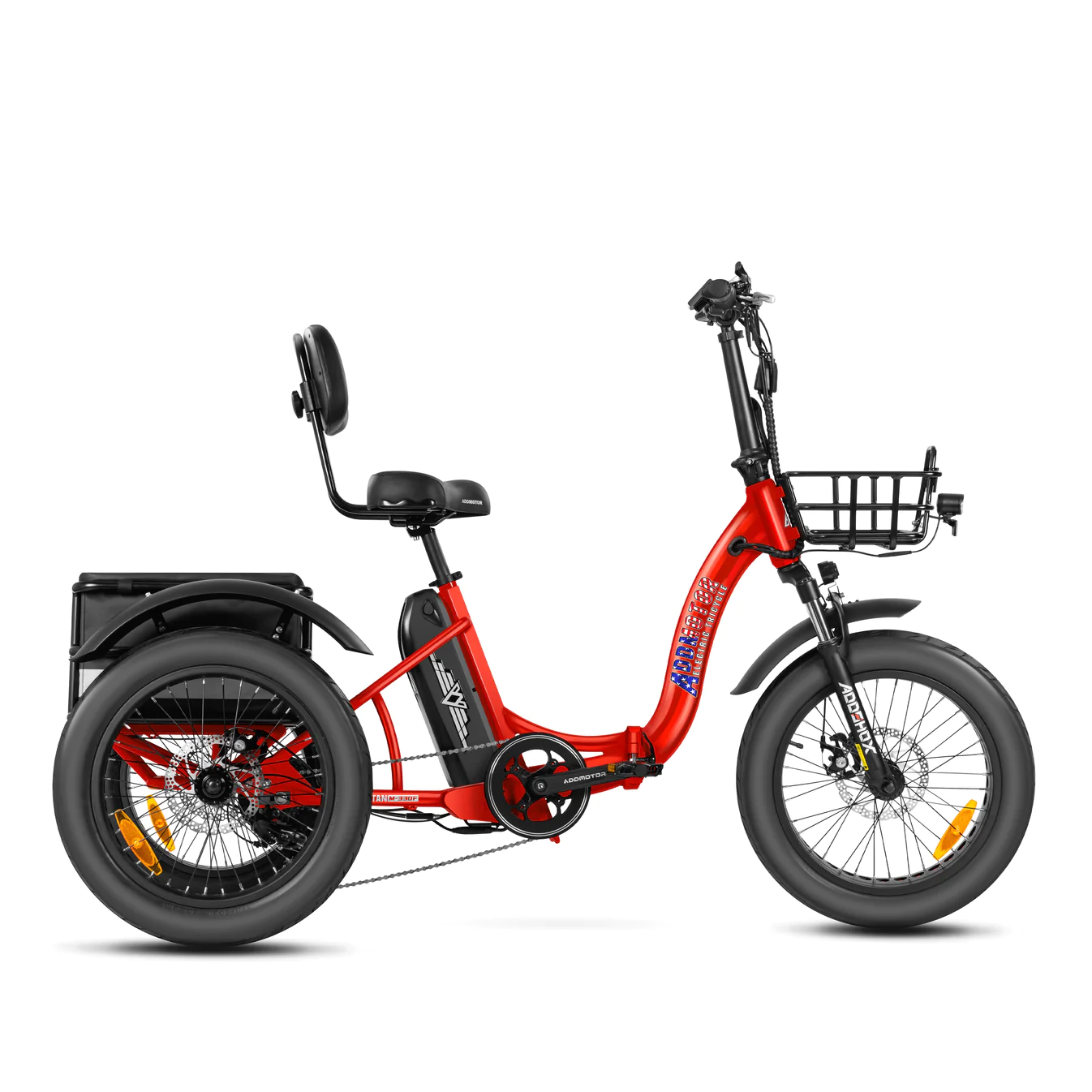 An Addmotor - Triketan M-330F Folding eTrike on a white background, offering a convenient way to commute.