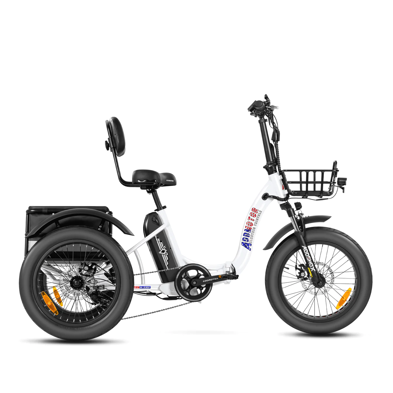 A convenient way to commute, the Addmotor - Triketan M-330F Folding eTrike by Addmotor features a foldable frame and a basket on it.