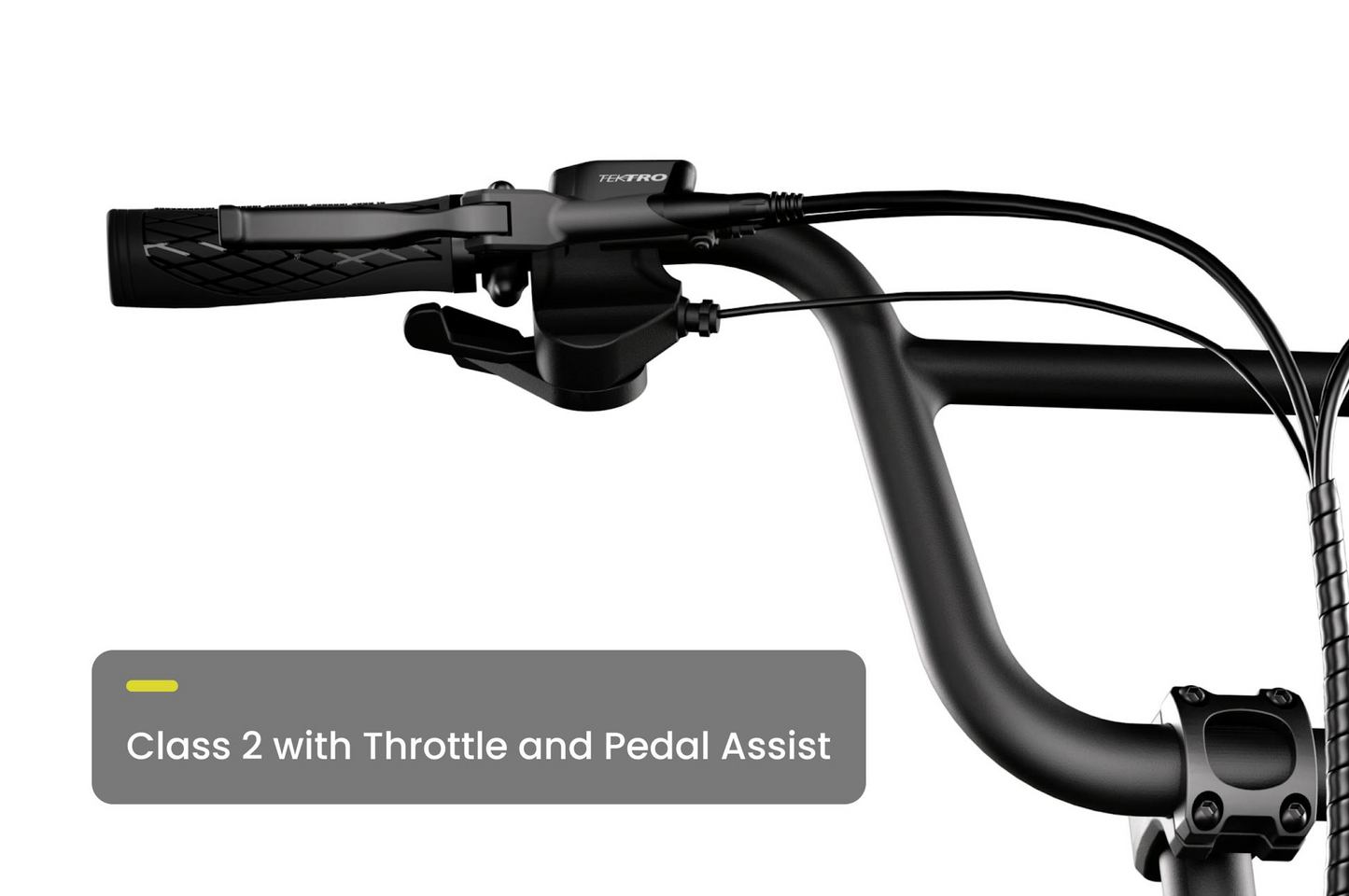 Close-up of the Aventon Abound LR cargo e-bike handlebar by Aventon, showing the brake lever, cables, and a "Class 2 with Throttle and Pedal Assist" label.