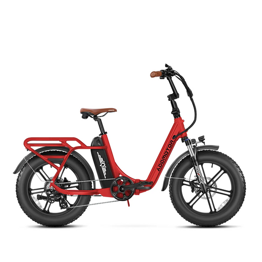 The Addmotor Foldtan M-120, a red fat tire ebike by Addmotor, features a 750W motor, rear cargo rack, front suspension, brown saddle, and upright handlebars, shown in profile against a white background.