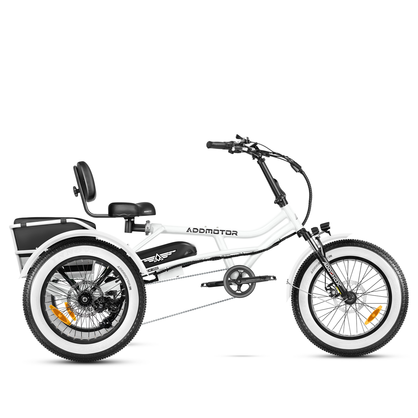 The Addmotor ARISETAN II M-360 2024 Semi-Recumbent Trike is a white three-wheeled electric vehicle that features a comfortable seat, wide tires, and a cargo box at the back. Part of the Addmotor brand's lineup, this model seamlessly combines style and practicality for easy urban commutes.