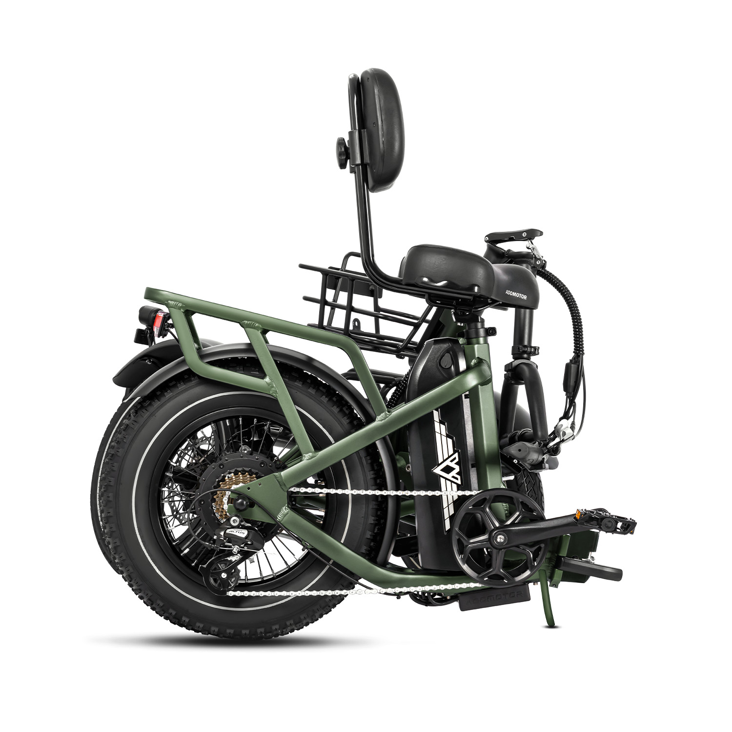 Addmotor - SPYTAN folding electric trike with thick tires and rear storage rack, isolated on a white background.