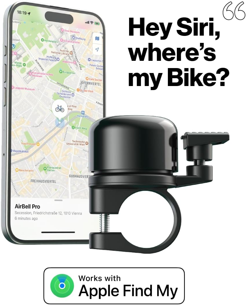 A smartphone displays a map with a location pin beside a hidden Tampa Bay eBikes Airbell Pro e-bike tracker; text reads “Hey Siri, where’s my Bike?” and “Works with Apple Find My.”.