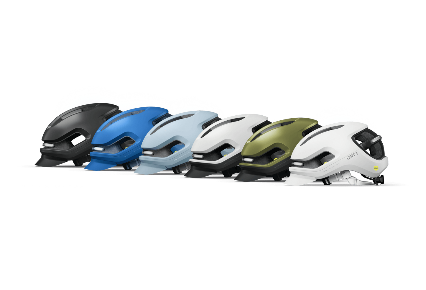 Five Unit1 AURA MIPS eBike Helmets by Unit1 in black, blue, light blue, olive green, and white are arranged side by side on a white background.