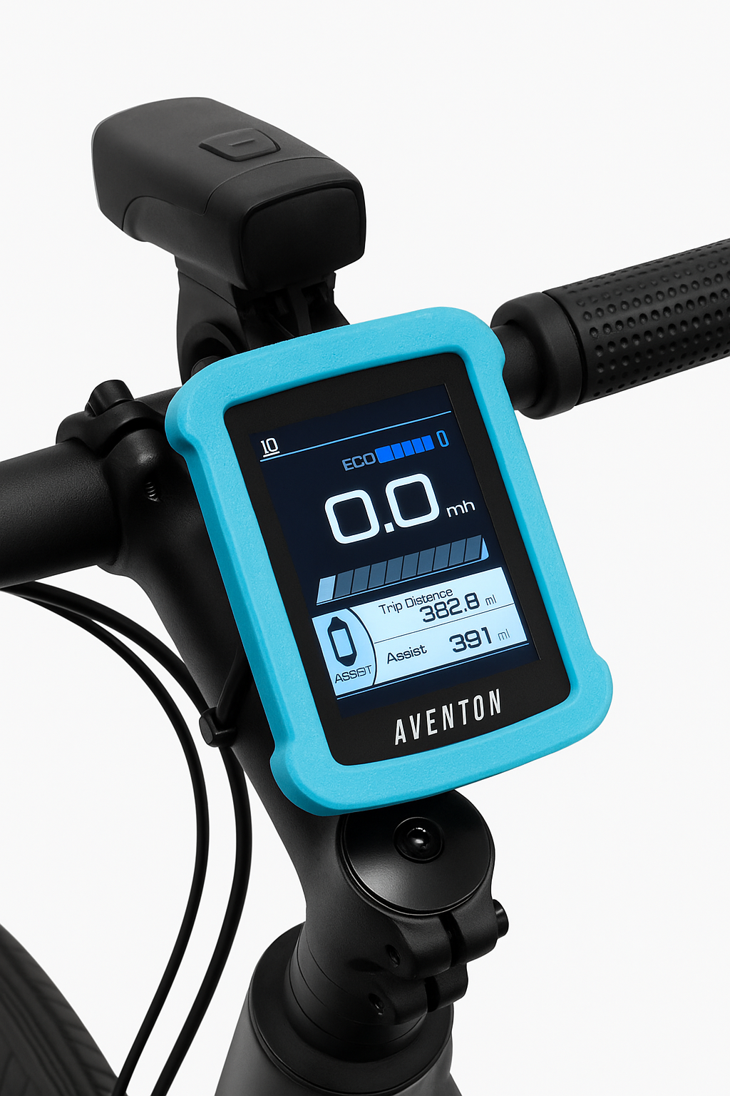 Close-up of an Aventon e-bike handlebar with a BC280 digital display, protected by Tampa Bay eBikes' Aventon - Display Cover in blue 3D print, showing speed, trip distance, and assist level.