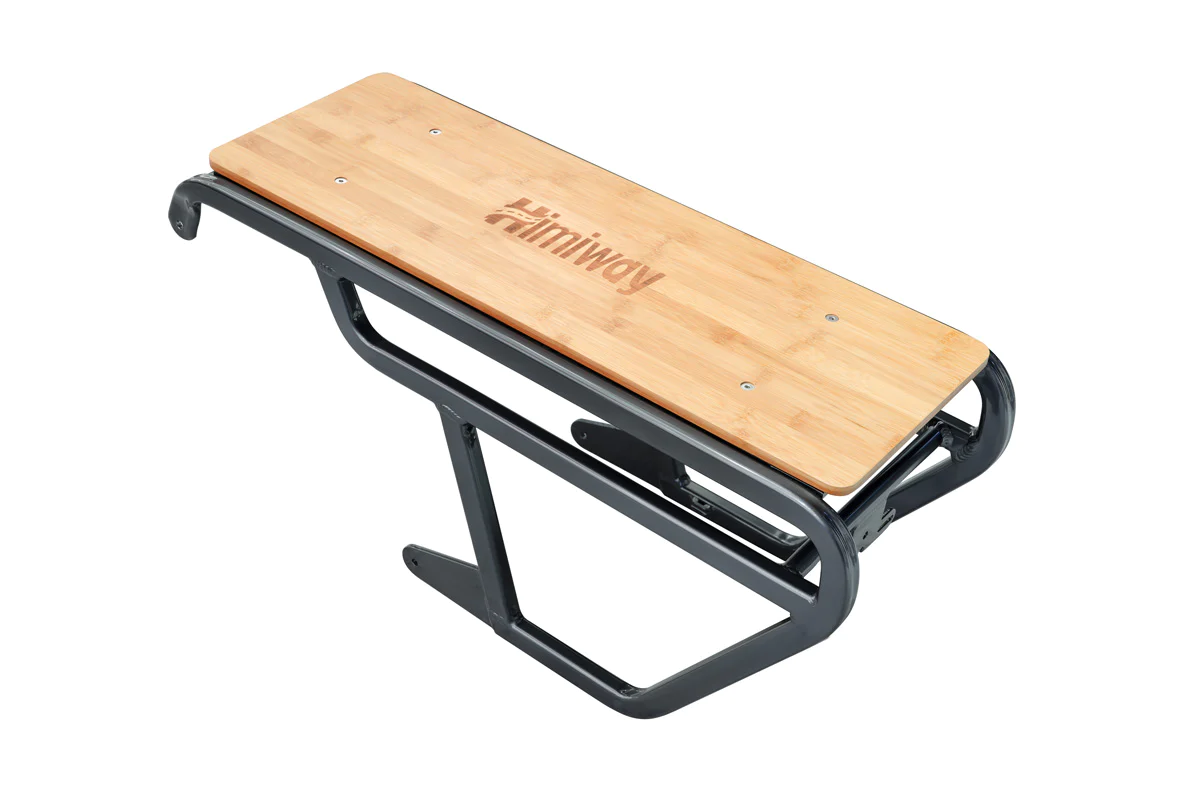 A Himiway Rear Rack - Big Dog Extended Rack with a wooden seat on it.
